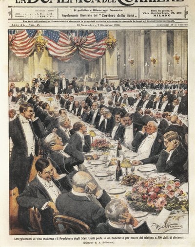 El Presidente de los Estados Unidos hablando por teléfono a una distancia de 500 kilómetros. Ilustración de Achille Beltrame en el periódico italiano 