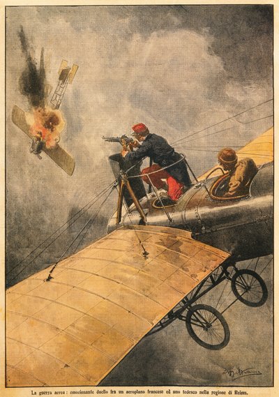 La guerra en el aire: Duelo entre un avión francés y uno alemán en el cielo sobre Reims, por Achille Beltrame, de La Domenica del Corriere, 25 de octubre de 1914 de Achille Beltrame
