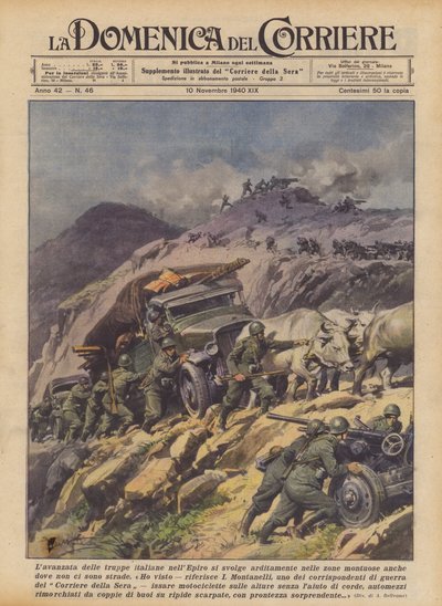 El avance de las tropas italianas en el Epiro se produce audazmente en zonas montañosas, incluso donde no hay carreteras (litografía en color) de Achille Beltrame