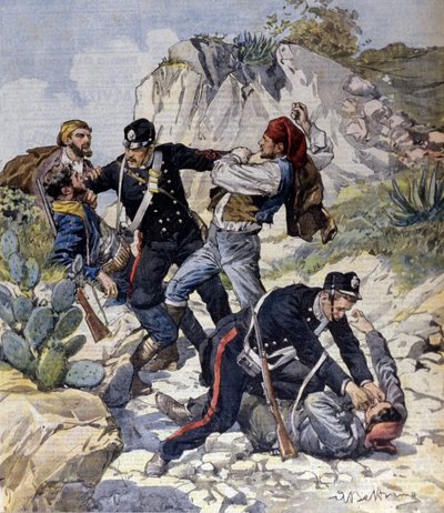 El arresto de tres peligrosos ladrones cerca de Trapani en Sicilia (Ilustración de Beltrame, La Domenica del Corriere, 23/02/1902) de Achille Beltrame