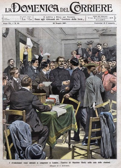 La llegada de Maxim Gorki a la sala de reuniones en el Congreso de Londres después de la revolución de 1905 en Rusia. Portada de 