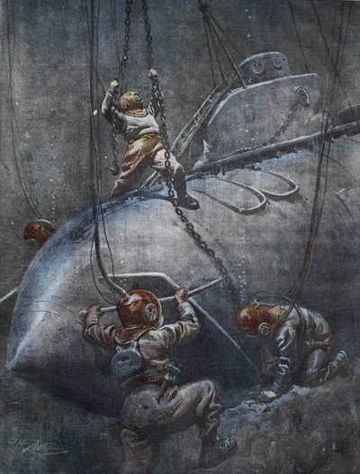 La catástrofe del submarino francés “Pluviose” en 1910. Los escafandristas intentan fijar las cadenas para levantarlo. Ilustración de Achille Beltrame. de Achille Beltrame