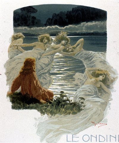Los personajes de las ondinas, jóvenes ninfas de las aguas de la mitología germánica. Ilustración de A. Beltrame de Achille Beltrame