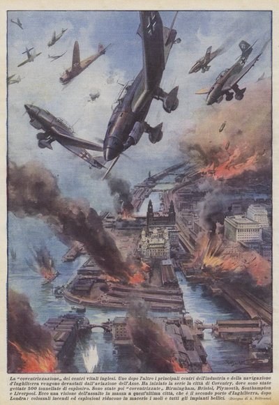 La coventrización de los centros vitales ingleses (litografía en color) de Achille Beltrame