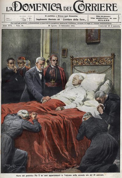 La muerte del Papa Pío X en 1914. Portada de la Domenica del Corriere del 30 de agosto de Achille Beltrame