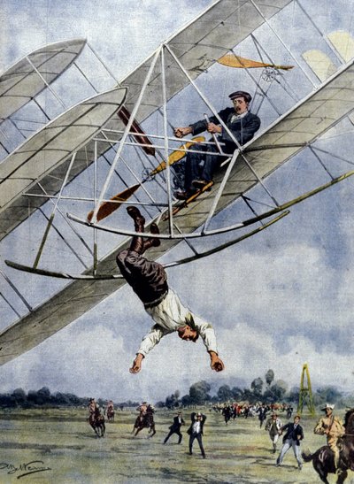 Los dramas del aire: Orville Wright y el teniente estadounidense Selfridge se precipitan con su avión desde una altitud de treinta metros. Ilustración de Beltrame. La Domenica del Corriere. 1908 de Achille Beltrame