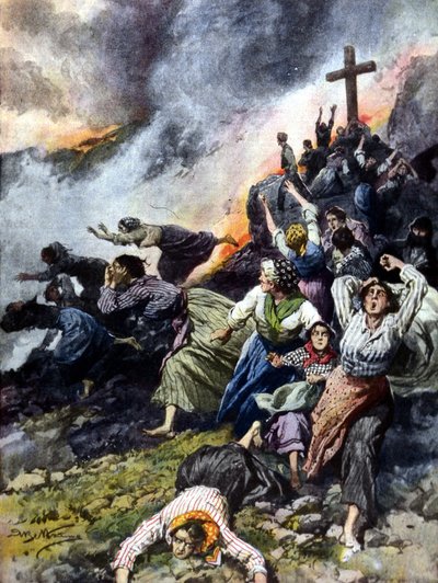 La erupción del Etna en Sicilia en 1902. Ilustración de A. Beltrame. "La Domenica del Corriere" de Achille Beltrame