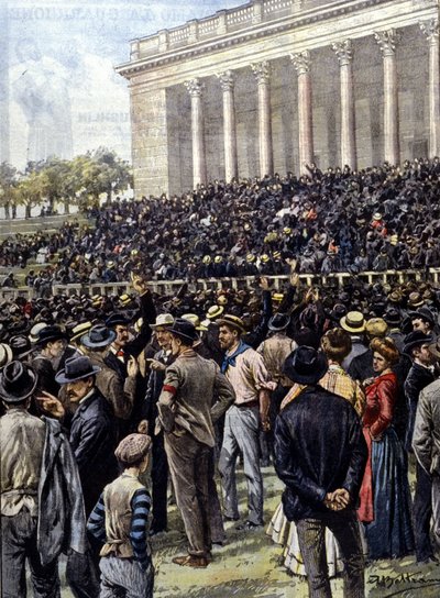 La huelga general en Milán: miles de trabajadores reunidos en la Arena. Ilustración de A. Beltrame. "La Domenica del Corriere" de Achille Beltrame