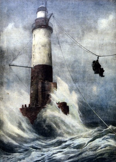 El guardián del faro de Amen, en la costa francesa, permaneció aislado del continente durante 53 días debido a las malas condiciones climáticas. Logró, gracias a un peligroso viaje acrobático, regresar a tierra. Ilustración de A. Beltrame. La Domenica del  de Achille Beltrame