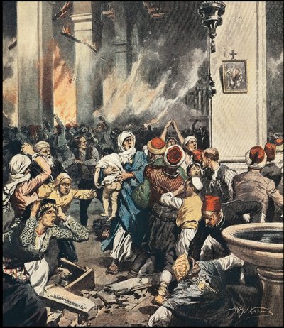 Las masacres de armenios en Turquía en 1909 en Adana, ilustración de Achilles Beltrame (1871-1945) en “La Domenica del Corriere” de mayo de 1909 de Achille Beltrame