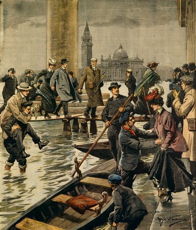 El fenómeno de la marea alta en la Plaza de San Marcos en Venecia, por Achille Beltrame (1871-1945), de La Domenica del Corriere de Achille Beltrame