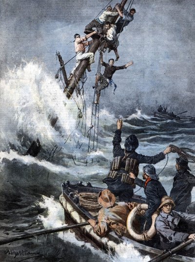 El equipo de rescate trajo de vuelta a salvo a los marineros de un barco de vapor naufragado después de 40 horas encaramados en los mástiles del barco hundido. Ilustración de Beltrame. La Domenica del Corriere. 08/1909. de Achille Beltrame