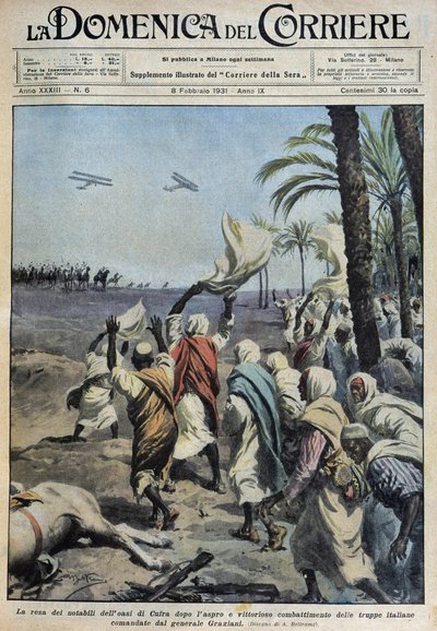 La rendición de los notables del oasis de Koufra después de la difícil y victoriosa batalla de las tropas italianas comandadas por el General Graziani - dibujo de A. Beltrame en 