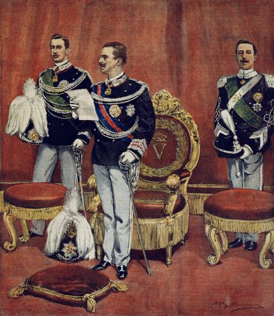 La toma de posesión del Rey Vittorio Emanuele III en la Cámara del Senado en Roma de Achille Beltrame