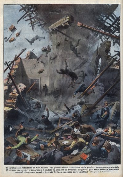 La tragedia de una explosión escolar en New London, Texas, causada por una fuga de gas el 18 de marzo. Ilustración de Achille Beltrame en "La domenica del Corriere" del 04/04/1937 de Achille Beltrame