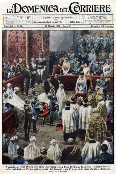 La boda de la Princesa Lydia de Arenberg y el Duque de Pistoia: una magnífica ceremonia en la Catedral de Turín, en presencia de los gobernantes y príncipes de la Casa de Saboya y la familia Arenberg. Ilustración de Baltrame. La Domenica del Corriere. 13/0 de Achille Beltrame