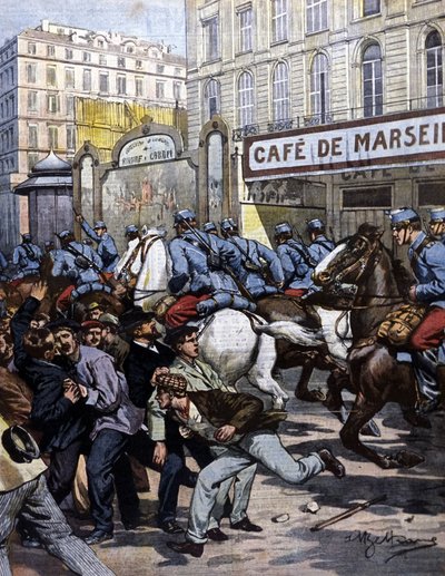 Las huelgas de trabajadores en Marsella: los húsares a cargo en la Canebière. Ilustración de Beltrame. La Domenica del Corriere. 1901 de Achille Beltrame