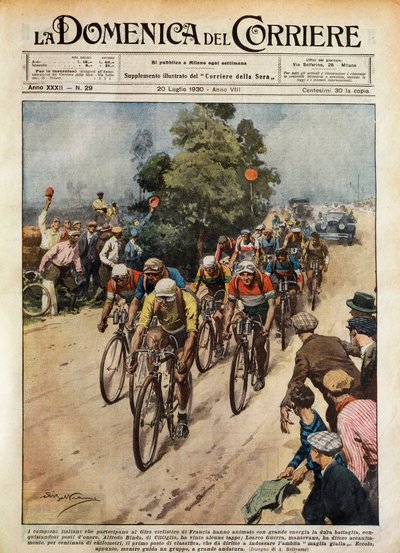 Tour de Francia, Learco Guerra (1902-1963) liderando el grupo, ilustración de Achille Beltrame (1871-1945) de La Domenica del Corriere, 20 de julio de Achille Beltrame