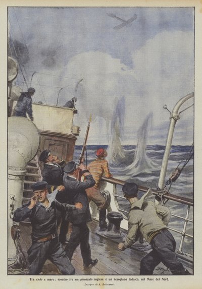 Entre cielo y mar, enfrentamiento entre un vapor inglés y un avión alemán, en el Mar del Norte de Achille Beltrame