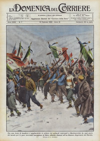 Entre una fiesta de banderas y estandartes, las filas de los estudiantes reunidos en Bardonecchia de todas partes de Achille Beltrame