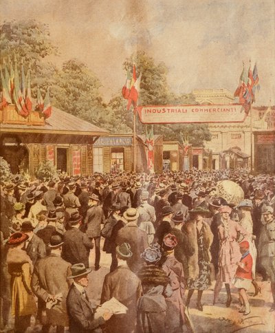 Feria comercial en Milán, ilustración de Achille Beltrame, de La Domenica del Corriere, 24 de abril de 1921 de Achille Beltrame