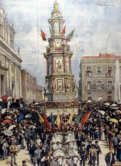 Fiesta tradicional siciliana: un tanque llevado en procesión a Casteltermini (Girgenti). Ilustración de Beltrame. La Domenica del Corriere. 1904 de Achille Beltrame