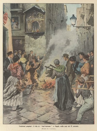 Tradiciones populares, el rito de San Antonio, en Nápoles, en la noche del 17 de enero de Achille Beltrame