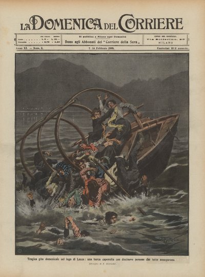 Trágico paseo dominical en el lago de Lecco, un barco volcado con diecinueve personas que todas se ahogaron de Achille Beltrame