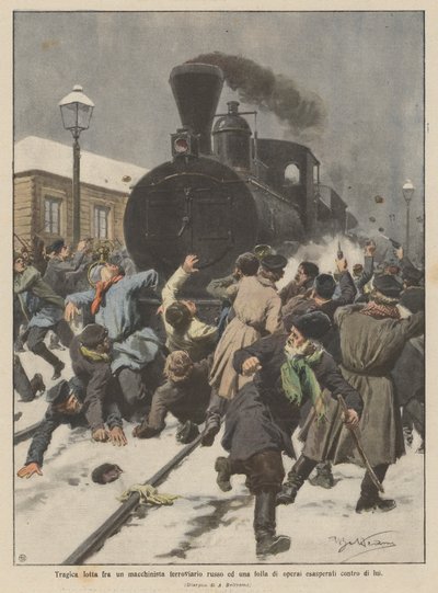 Trágica lucha entre un maquinista ferroviario ruso y una multitud de obreros exasperados contra él de Achille Beltrame