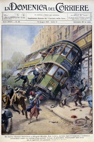 Accidente de tranvía en Glasgow, Escocia: uno de los coches volcó sobre una vitrina de porcelana y sobre los transeúntes - dibujo de A. Beltrame, en “La Domenica del Corriere” del 1 de febrero de 1931 de Achille Beltrame