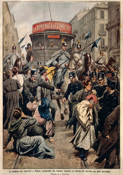 Huelga de tranvías en Milán, ilustración de Achille Beltrame, de La Domenica del Corriere de Achille Beltrame