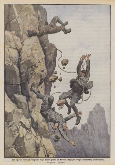 Tres alpinistas lombardos caen por la escarpada pared del torreón Magnaghi (Grigna meridional) aplastándose de Achille Beltrame