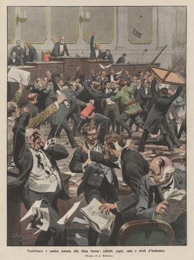 Escena tumultuosa y cómica en la Dieta de Bohemia, bofetadas, puñetazos, patadas y ríos de tinta de Achille Beltrame