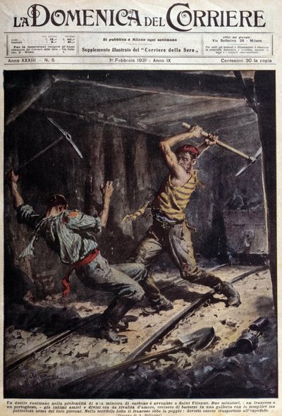 Dos mineros franceses y portugueses peleando con sus hachas en una galería por una historia de amor - dibujo de A. Beltrame, en “La Domenica del Corriere” del 1 de febrero de Achille Beltrame