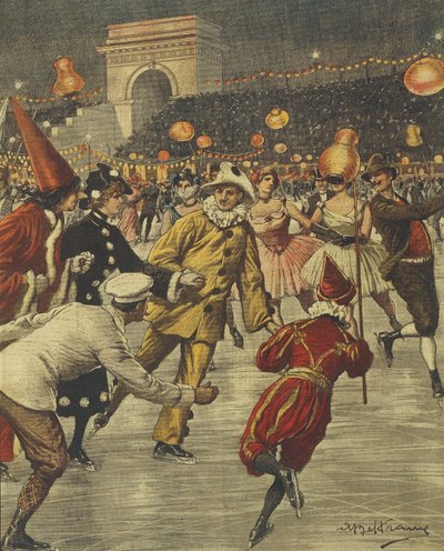 Fiesta de disfraces típica sobre hielo en Aren en Milán, por Achille Beltrame, ilustración, de La Domenica del Corriere de Achille Beltrame