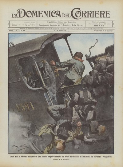 Humildes actos de valor, maquinista que detiene repentinamente un tren volcando la máquina de Achille Beltrame