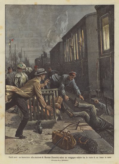 Héroes humildes, un ferroviario en la estación de Marano (Venecia) salva a un compañero caído entre las ruedas de Achille Beltrame