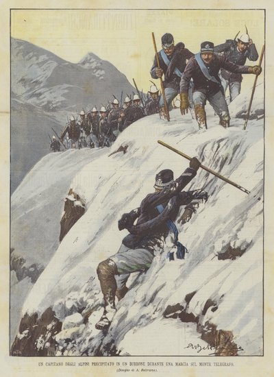 Un capitán de los Alpinos precipitado en un barranco durante una marcha en el Monte Telégrafo de Achille Beltrame