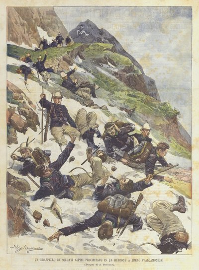 Un destacamento de soldados alpinos precipitado en un barranco en Breno (Valcamonica) de Achille Beltrame