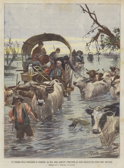 Un episodio de las inundaciones en Piamonte, la huida de los habitantes a través de las aguas desbordadas de Achille Beltrame