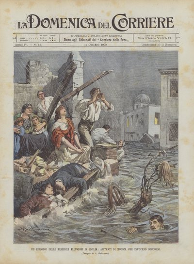 Un episodio de las terribles inundaciones en Sicilia, habitantes de Modica que piden ayuda de Achille Beltrame