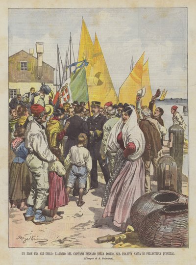 Un héroe entre los humildes, la llegada del capitán Zennaro a su pobre isla natal de Pellestrina (Venecia) de Achille Beltrame