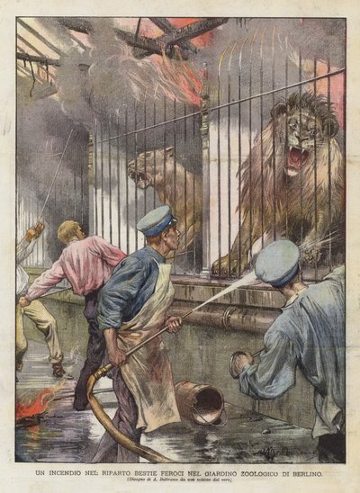 Un incendio en el reparto de bestias feroces en el zoológico de Berlín de Achille Beltrame