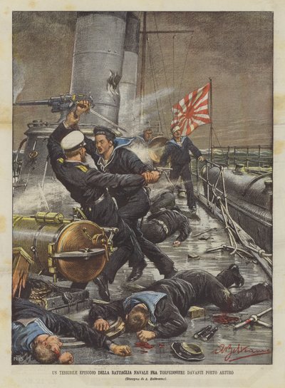 Un terrible episodio de la batalla naval entre torpederos frente a Puerto Arturo de Achille Beltrame