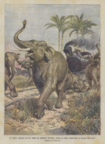 Un tren asaltado por una manada de elefantes salvajes, a lo largo de la línea ferroviaria de Assam (Indo-China) de Achille Beltrame