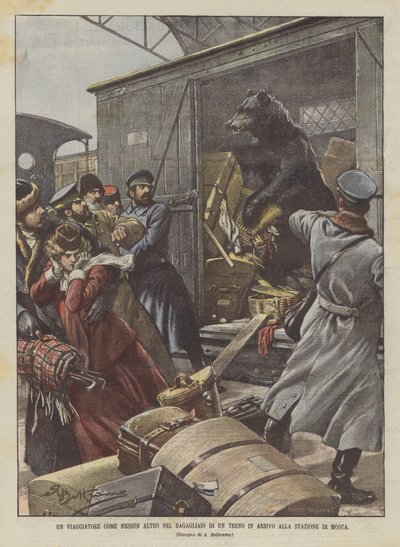 Un viajero en el maletero de un tren llegando a la estación de Moscú de Achille Beltrame