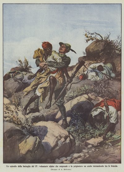 Un episodio de la batalla del 27, voluntario alpino que sorprende y captura a un árabe de Achille Beltrame
