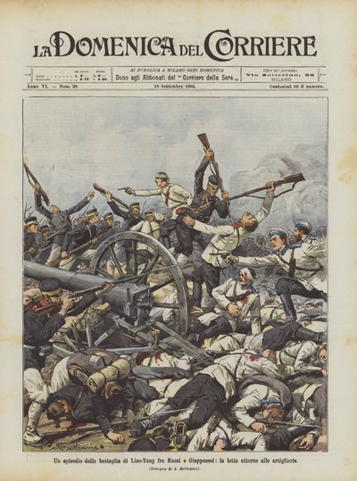Un episodio de la batalla de Liao-Yang entre rusos y japoneses, la lucha alrededor de las artillerías de Achille Beltrame