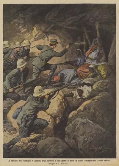 Un episodio de la batalla de Zanzur, árabes sorprendidos en una cueva donde estaban seguros de Achille Beltrame