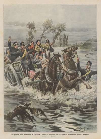 Un episodio de las inundaciones en Piacenza, soldados de artillería que rescatan a mujeres y niños de Achille Beltrame